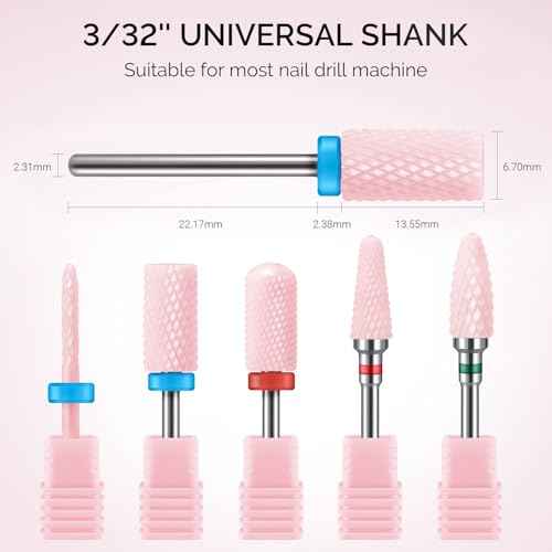 MelodySusie Ceramic Nail Drill Bits Set, 3/32'' (2.35mm) Professional Acrylic Nail File Drill Bit for Manicure Pedicure Cuticle Gel Nail Polishing, 5Pcs, Pink