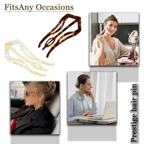 Light 2 Pack French Hair Pins for Women - 4.3 Inch Tortoiseshell & Cream Marble Style, 3 Prong Twist Design for Updos & Buns
