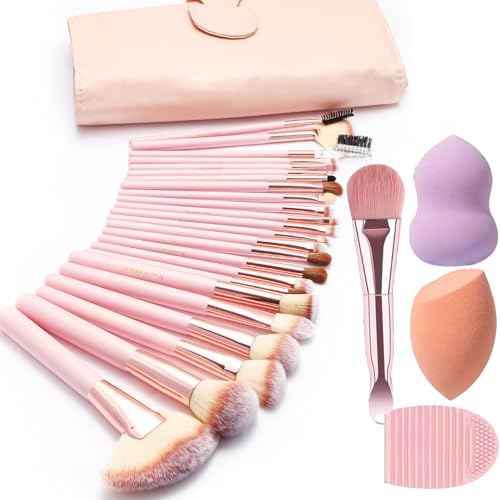 28PCS Makeup Brush Set, Quality Makeup Brushes for Women, Brush Set Make Up for Beginner Starter Professional,Pink Makeup Set with Blenders Masks Spatula,Travel-Friendly Makeup Brush Set with Case