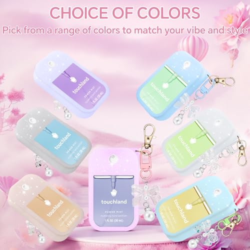 Hand Sanitizer Spray Case Compatible with Touchland Power Mist 1 oz(30 ml) - with Bow Keychain Silicone Protective Cover Accessories for Touchland (Pink/Purple/White)