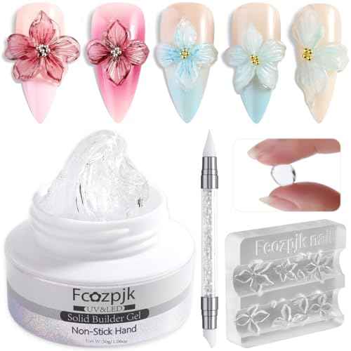 Clear Solid Builder Gel For Nails, 30g Hard Gel for Nails with Silicone Molds for Carving Non-Sticky Building 3D Sculpture Flowers Modeling Design Professional Manicure Supplies