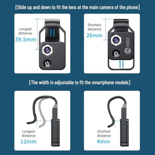 Pocket Phone Microscopes, 200X Zoom Clip On Microscopes Magnifier with CPL Lens & LED Light, Portable Microscopic Lens for iPhone for Samsung for Huawei for Google, to Enjoy Microworld(Black)