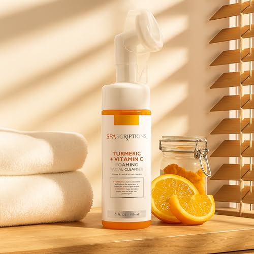 SpaScriptions Turmeric + Vitamin C Foaming Facial Cleanser, pH Balanced, Non Comedogenic, Paraben Free, For All Skin Types, 5 fl oz / 150 mL
