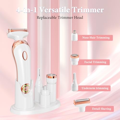 Bikini Trimmer for Women,4-in-1 IPX6 Waterproof Electric Shaver,USB Cordless Painless Electric Razors with LED Display for Legs Bikini Facial Hair Removal, Body Wet&Dry Use Razor Kit for Lady Grooming