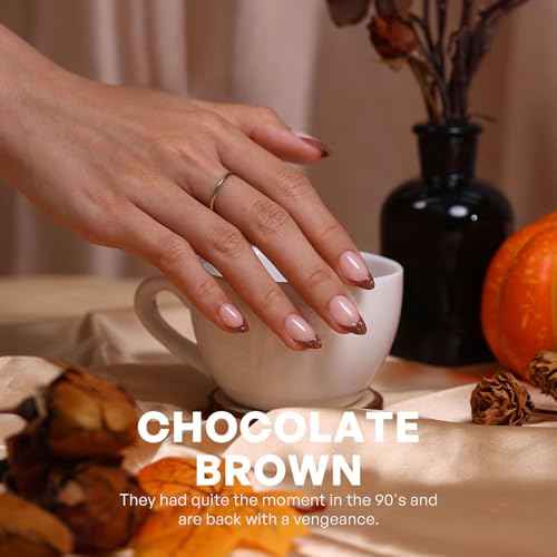 Chocolate Brown Fall French Tip Press on Nails Short Almond - GJZEZ Soft Gel Fake Nails Press Ons with 3D Sculpting Wave, Durable Handmade Glue on Nail | 16 Sizes - 32 Reusable Nail, Mocha Mousse