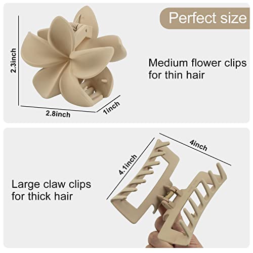 Large Claw Clips for Thick Curly Hair, Matte Flower Hair Clips for Thin Fine Hair, 4.1 Inch Big Square Claw Clips for Women Girls, 2 Styles Non Slip Hair Claw, Cute Neutral Hair Claw Clips (6 pack)