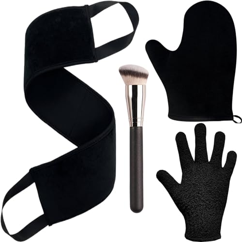 ZOQINI Self Tanning Mitt Applicator Kit, Includes Velvety Self Tanner Mitt, Back Tanning Applicator, Exfoliating Glove, Angled Self Tanner Brush for Sunless Tan Lotion Mousse Gel (Black, 4 Pack)