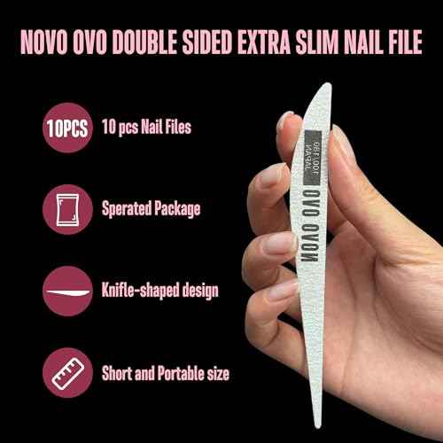 NOVO OVO Thin Nail File 10 PCS Professional Double Sided Extra Slim,Reusable,Emery Board(100/180 Grit) Nail Styling Tools for Home and Salon,Manicure Pedicure Tool and Nail Buffering Files