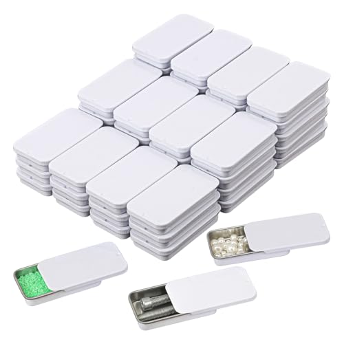70 Pack White Slide Top Tin Containers, Mini Metal Tin Box with Slide Lid, Empty Lip Balm Containers for DIY Projects, Pills, Candies, Jewelry (2.36 x 1.34 x 0.43 Inch)