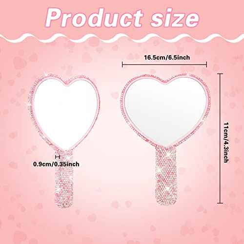 Tatuo 2 Pcs Rhinestone Mirror Handheld Bling Heart Lip Shaped Hand Mirror Glitter Cosmetic with Handle Portable Cute Travel Makeup Lash for Women (Pink and White)