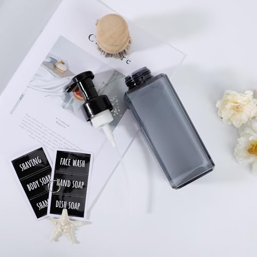 Segbeauty Empty Foam Bottle for Kitchen 22oz, 2pcs Plastic Foaming Soap Dispenser Bathroom, 650ml Gray Square Foam Pump Bottle with Label Stickers, Refillable Foaming Hand Soap Dispenser Large