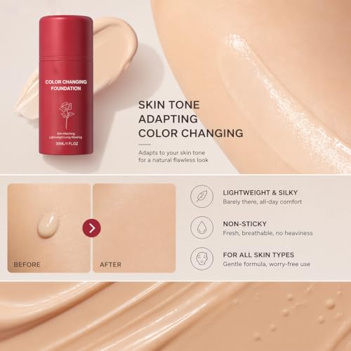 KunMan Color Changing Foundation - Skin Tone Self-Adjusting Liquid Makeup, Full Coverage, Natural Finish