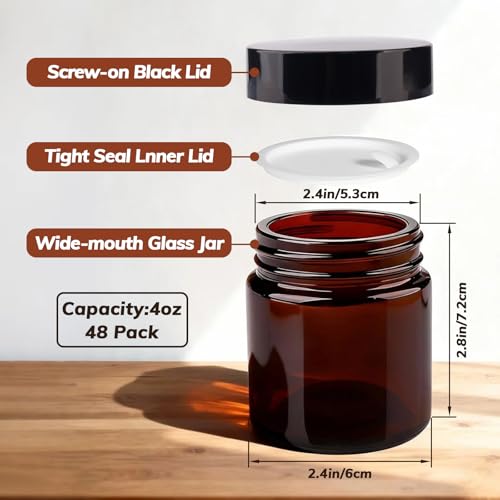 4oz Amber Glass Jars with Lids, 48 Pack Sample Containers for Storing Lotions, Moisturizers, Lip Balm and Cosmetics