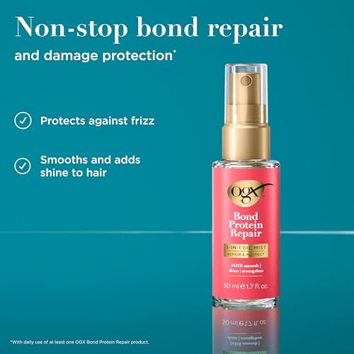 OGX Repair & Protect Bond Protein Repair 3-in-1 Oil Mist, Hair Oil Protects Dry, Damaged Hair Against Frizz, Strengthens & Maintains Shine, Hair Mist Formulated without Parabens, 1.7 oz