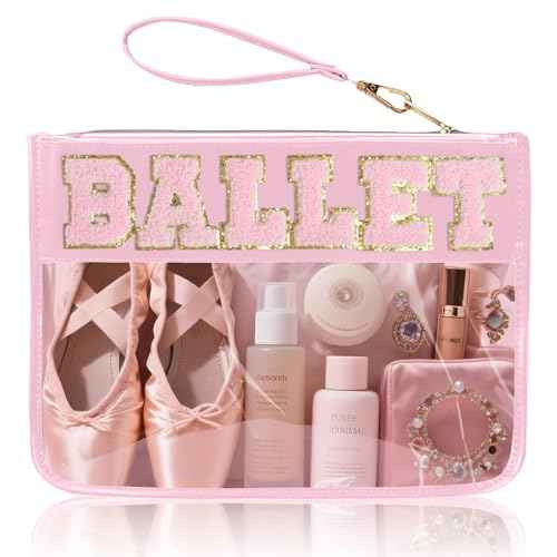 Chenille Letter Clear Zipper Pouch for Travel Preppy Patch Makeup Bag-Nylon Cosmetic Preppy Makeup Waterproof Organizer Bag Set for Women Valentines Bag (FS-BALLET)