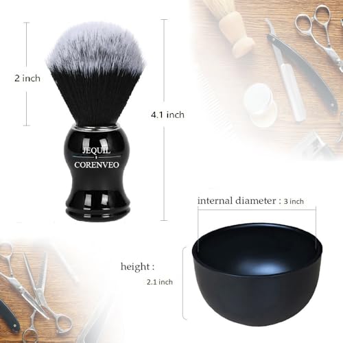 JEQUIL&CORENVEO Men's Shaving Brush Set, 3pcs Synthetic Shaving Brush with Acrylic Stand and Steel Bowl