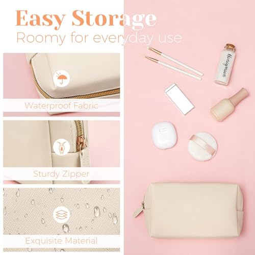 Dunzy 8 Pcs Makeup Bag Pu Leather Cosmetic Pouch Waterproof Small Toiletry Bag Portable Cosmetic Organizer Water Resistant Storage Purse for Lady Women Daily Storage Travel Organizer (Beige,Medium)
