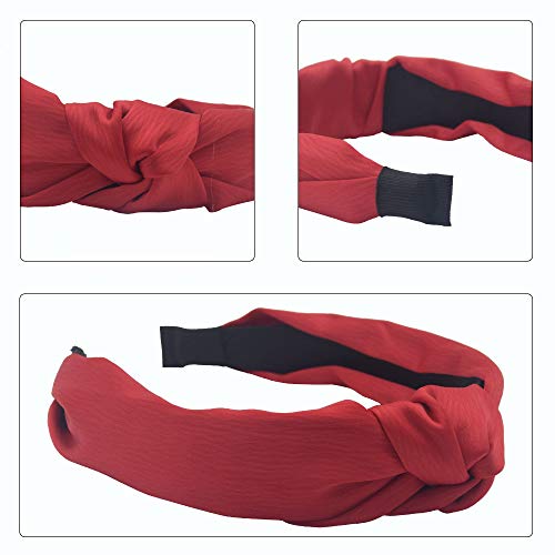 MHDGG Satin Knotted Turban Headband, Wide Solid Color Headwear for Women, Red