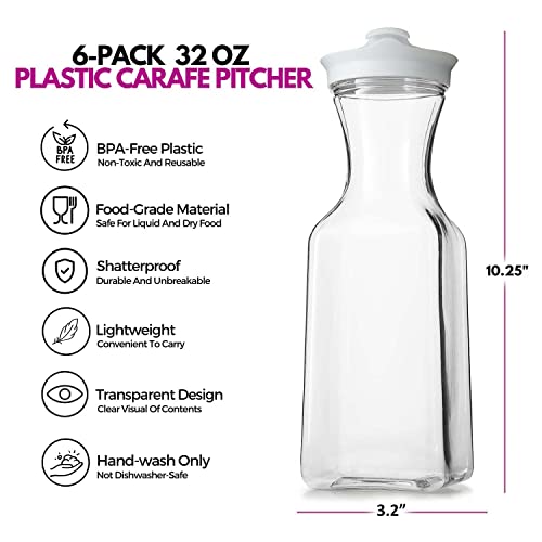 DilaBee 32oz Plastic Water Pitcher with Lid - Clear Square Carafe Set of 6