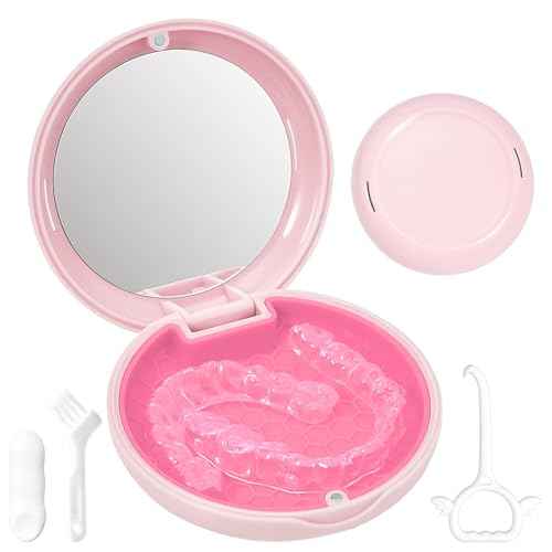 Retainer Case Slim Aligner Case with Vent Holes Removable Inner Tray Silicone for Easy Cleaning, Retainer Removal Tool and Brush (Opaque Pink)