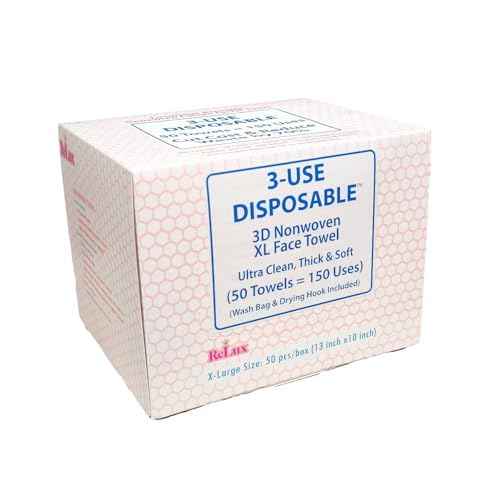 3D Nonwoven Face Towels-XL 13¡±x10¡±, 50Cts=150 Uses, Cut Waste & Cost 70%, Ultra-Clean, Soft & Durable, Dual-Surface: Cleanse, Exfoliate, Includes Wash Bag & Hook