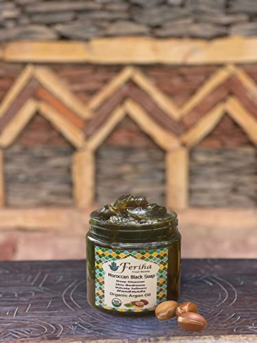 FERIHA Moroccan Black Soap with Organic Argan Oil, 100% Natural, Artisan Beldi Soap