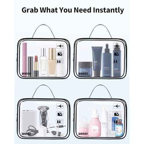 WANDF TSA Approved Toiletry Bag, 2 Packs Travel Clear Toiletry Bag, Quart Size Makeup Cosmetic Pouch with Zipper, Carry-On Airport Compliant Bag for Women and Men (2 pcs, Black with Handle)