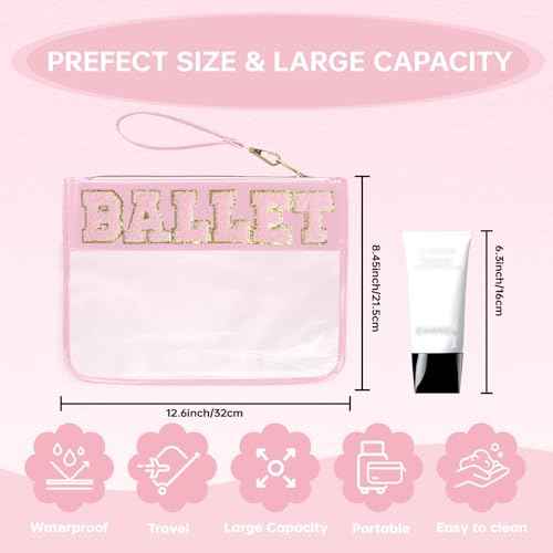 Chenille Letter Clear Zipper Pouch for Travel Preppy Patch Makeup Bag-Nylon Cosmetic Preppy Makeup Waterproof Organizer Bag Set for Women Valentines Bag (FS-BALLET)