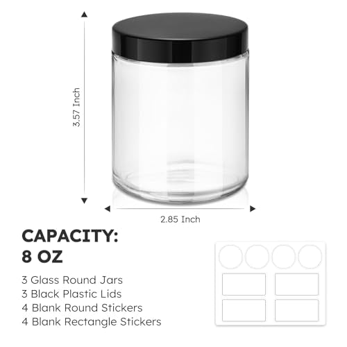 Tecohouse 8oz Glass Jars with Lids, 3 Pack – Clear Glass Containers