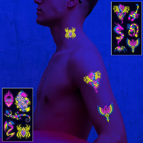 Neon Temporary Tattoos - 61 Glitter Styles, UV Glow, Waterproof