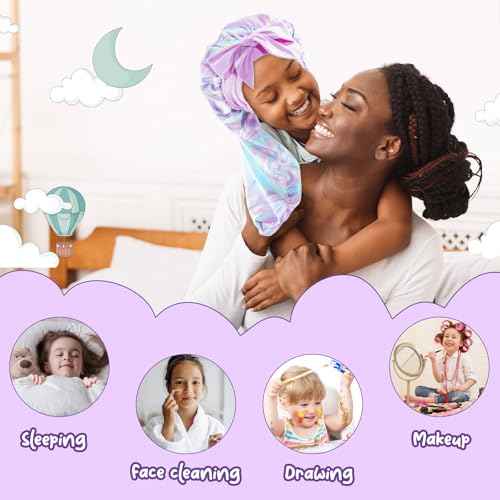 Lolalet Kids Bonnets for Girls, Long Silk Bonnet for Sleeping Kids Satin Bonnet Cap with Tie Band for Dreadlocks Braid Afro Curly Hair -1 PC, Laser