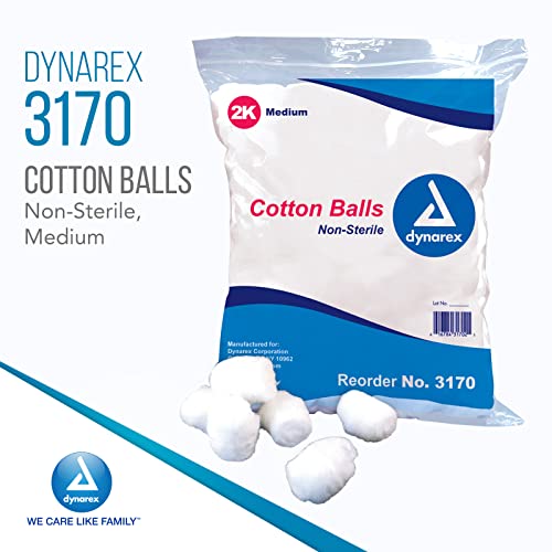 Dynarex Medium Non-Sterile Cotton Balls - 100% Pure Cotton (2000 Count)