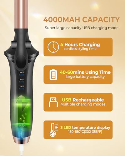 Cordless Rechargeable Curling Iron with USB & 4000mAh Battery