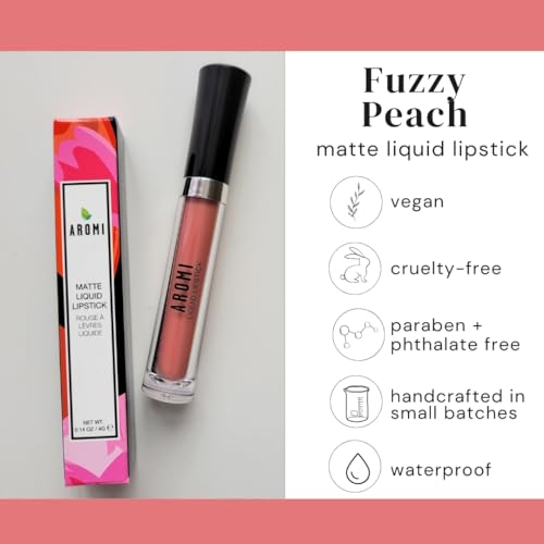 Aromi Peach Matte Liquid Lipstick | Peachy Nude Lip Color, Pink Caramel, Vegan, Cruelty-free, Long-Lasting, Handmade (Fuzzy Peach)
