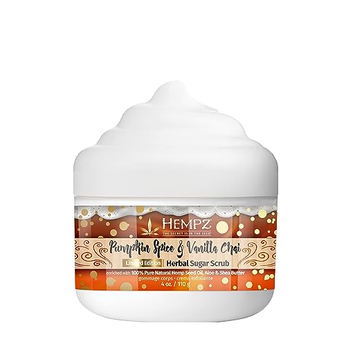 Hempz Pumpkin Spice & Vanilla Chai Exfoliating Body Scrub (4 Oz) – Yummy Fall Scented Sugar Body Scrub for Shower & Bath, Cozy Fall Pumpkin & Vanilla Chai Scented Sugar Scrub Exfoliant for Women & Men