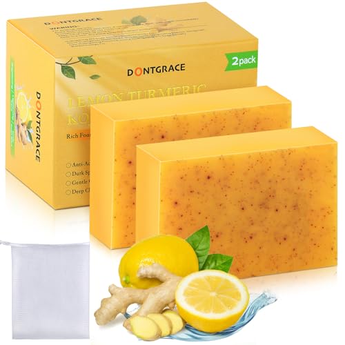 Kojic Acid Soap,Lemon Turmeric Soap Bar with Vitamin C for Face and Body Handmade 2pc