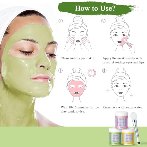 Pjordo Clay Mask Kit, Turmeric Vitamin C Clay Mask, Avocado Clay Mask, Rose Clay Mask, Facial Mask Skin Care Set for Deep Cleansing Reduce Blackheads Dark Spots, Perfect Gifts, 2.82 Oz Each