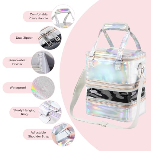 Nail Polish Organizer Case, 3 Layers Removable Nail Polish Storage Bag Holds 60 Bottles and Nail Lamp with Shoulder Strap Portable Holographic PU Leather Nail Kit Storage for Manicure Tools (Silver)