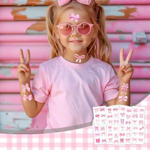 96 PCS Pink Coquette Bows Temporary Tattoos Stickers, Pink Bow Party Favors Coquette Bow Birthday Party Decorations Supplies for Adults Women, 16 Sheets