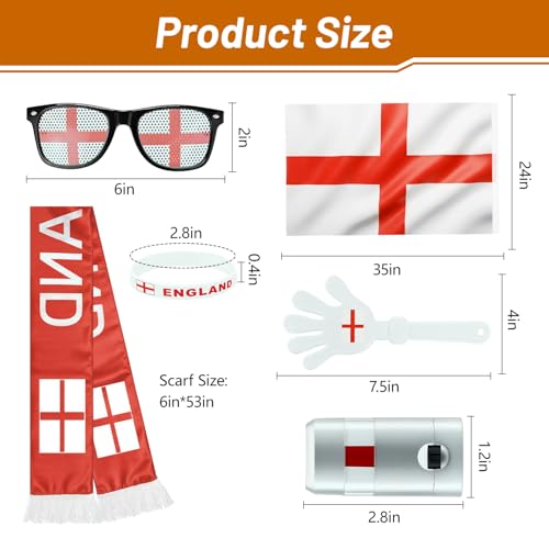 England Soccer Fan Gear Set - 6-Piece Supporter Kit with Flag, Scarf, Face Paint, Glasses, Bracelet & Clapper