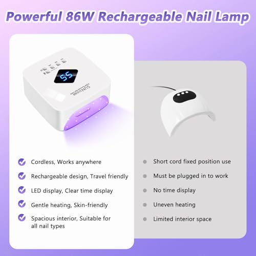 LKE Cordless Rechargeable UV Nail Lamp, 86W UV Light for Gel Nails with 3 Timer Setting Display Auto Sensor, Professional Quick Dry for Salon & Home Use