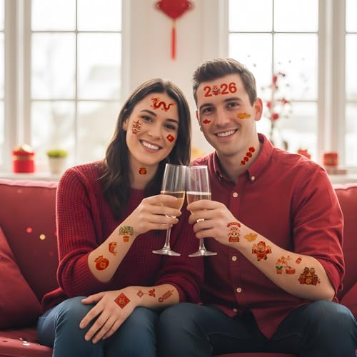 Chinese New Year Temporary Tattoos, 200+ Chinese New Year Decorations Favors Supplies 2026, Horse Lunar New Year Tattoo Stickers Gifts, Red Envolopes Holiday Festival Supplies Rewards Prizes