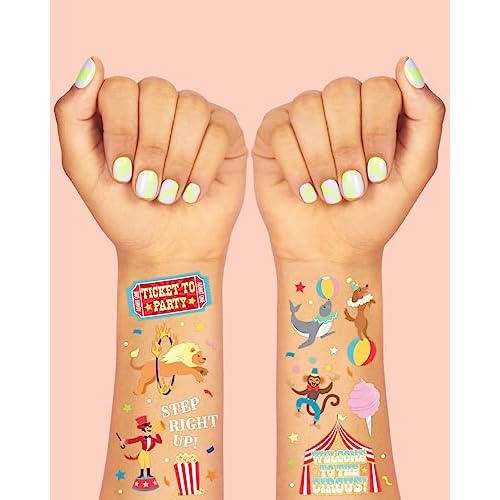 xo, Fetti Circus Party Temporary Tattoos - 42 Gold + Silver Foil Styles | Circus Birthday Party Supplies, Carnival Party Favors, Circus Animals Temp Tats, Clown Arts and Crafts (Pack of 2)