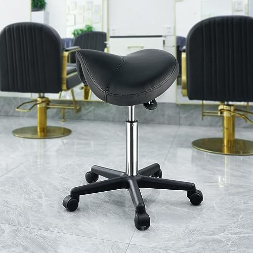 VEVOR Adjustable Saddle Stool with Wheels, 400 lbs Capacity, PU Leather Salon Chair