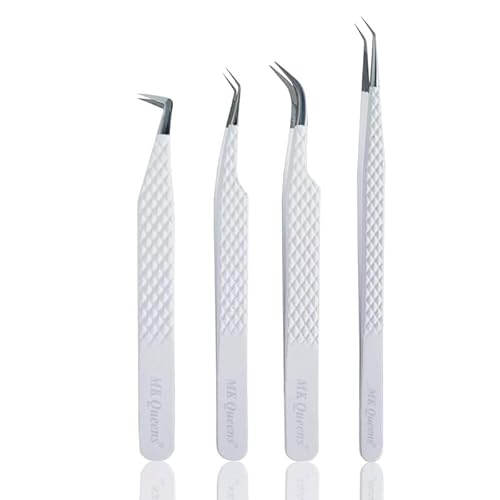 Lash Tweezers - Stainless Steel Fiber Tip Eyelash Tweezers (Set of 4) - Diamond Grip Professional Lash Tweezers for Eyelash Extensions (White)