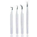 Lash Tweezers - Stainless Steel Fiber Tip Eyelash Tweezers (Set of 4) - Diamond Grip Professional Lash Tweezers for Eyelash Extensions (White)