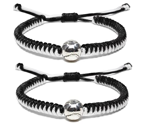 Handmade Braided Bracelets Baseball Gifts for Boys Adjustable Wristbands with Baseball Beads, Inspirational Baseball Bracelets for Girls Teens Adults (Black 2PCS)