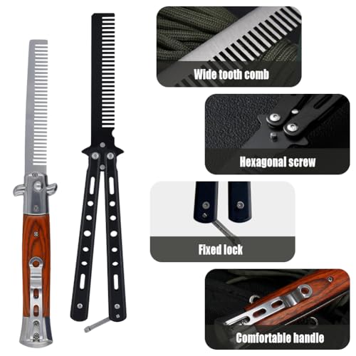 2 Pieces Automatic Switch Folding Practice Combs, Stainless Steel Butterfly Comb, Switchblades Comb, Outdoor Training Pocket Combs, Hair Brush for Beard, Mustache, Hair Styling Tools