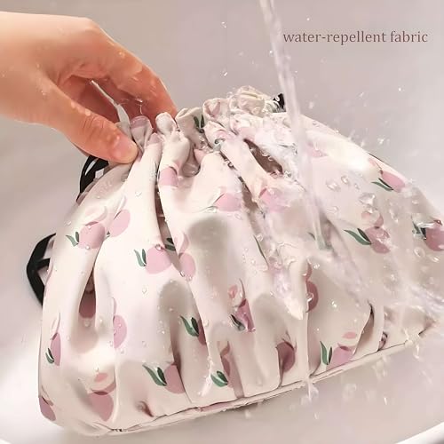 Large Capacity Drawstring Makeup Bag - Lightweight Oxford Fabric Cosmetic Organizer with Fruit Print, Travel Toiletry Pouch for Women & Beauty Lovers (Portable, Effortless Storage)(Peach powder)