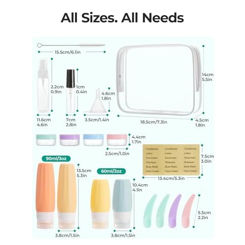 BAGSMART 18 Pack TSA Approved Travel Bottles for Toiletries, Leak Proof Silicone Travel Size Containers Bottles for Shampoo, Purple